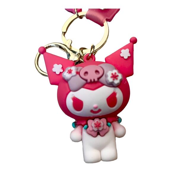 Hello Kitty Villain KUROMI WRISTBAND KEYCHAIN Key Ring Clip Bag Fob Flower Charm - Picture 2 of 8